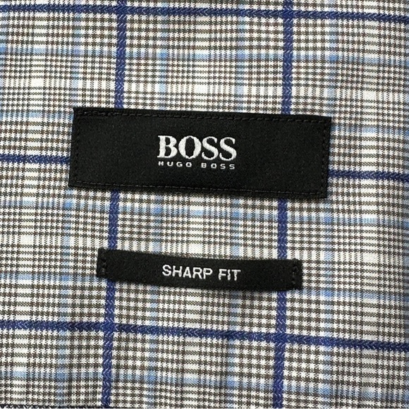 Hugo Boss Shirt Mens 15.5 Blue Plaid Cotton Sharp Fit Button Up Long Sleeves - Picture 2 of 11